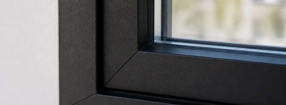 Close-up texture of a black window frame and glass.