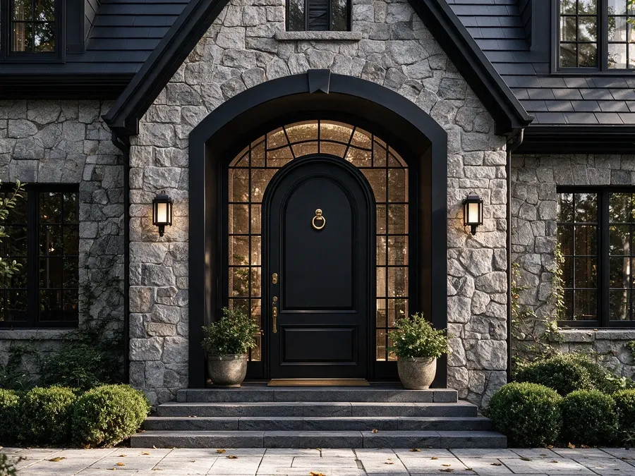 Finished home entry with a black front door and stone accents.
