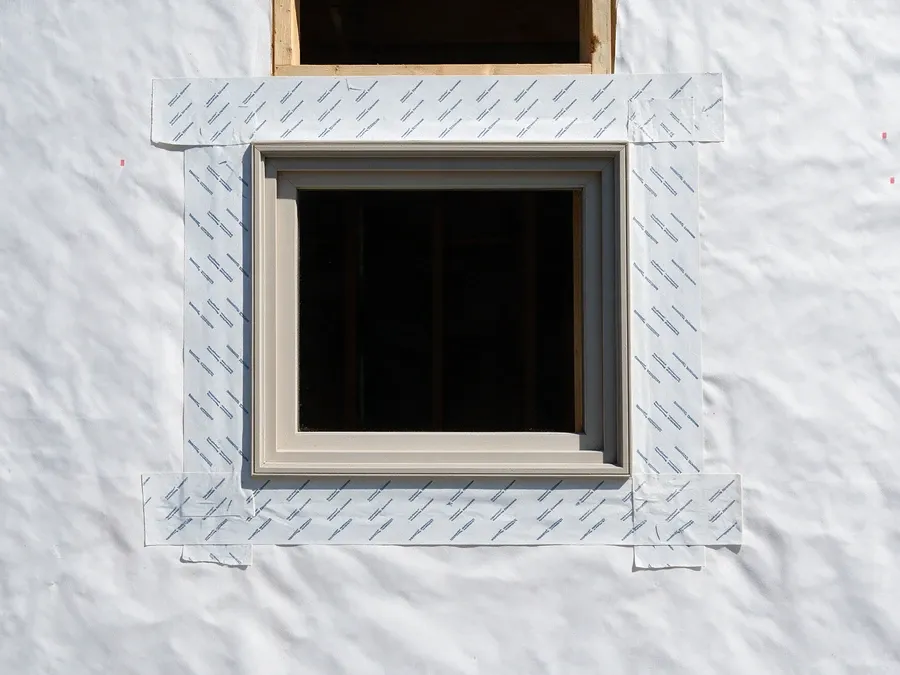 Close-up of a new window with flashing tape properly integrated around the opening.