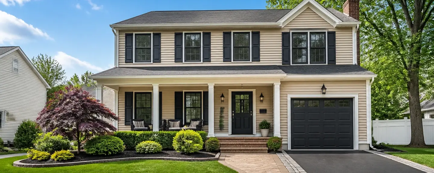 American colonial home with black-framed windows and a black front door.