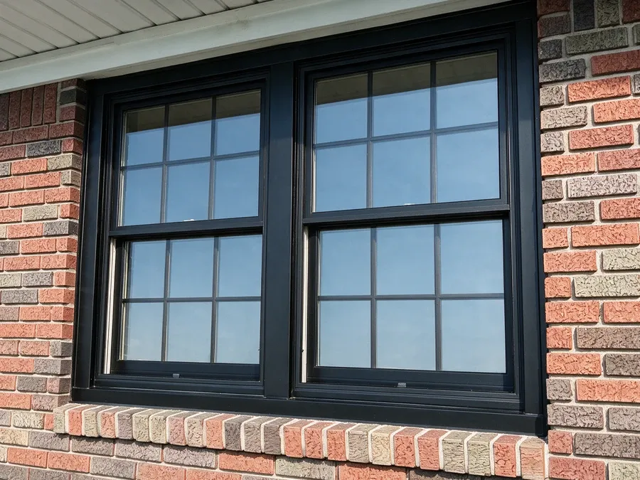 Close-up of a new black-framed double-hung window installed in a brick wall.