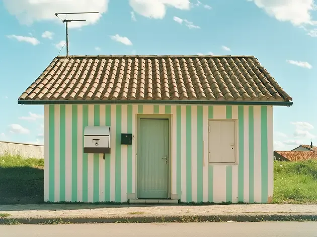 Small striped house with a brown tiled roof and green door.