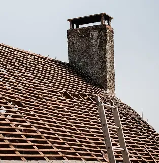 Roof under construction with exposed framing and a ladder.