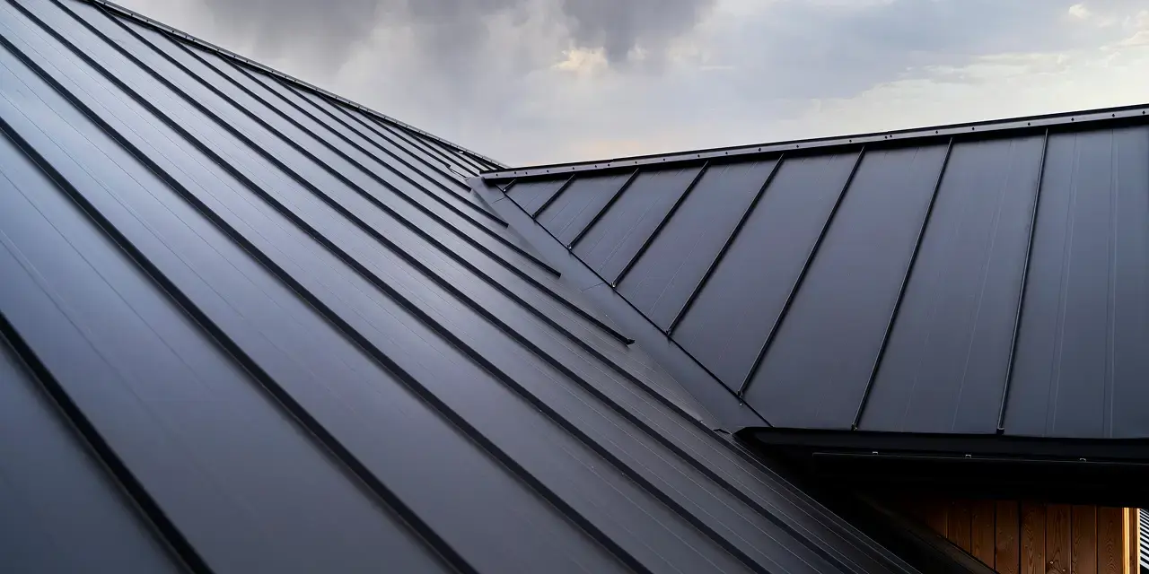 Close-up of a modern standing-seam metal roof under an overcast sky.